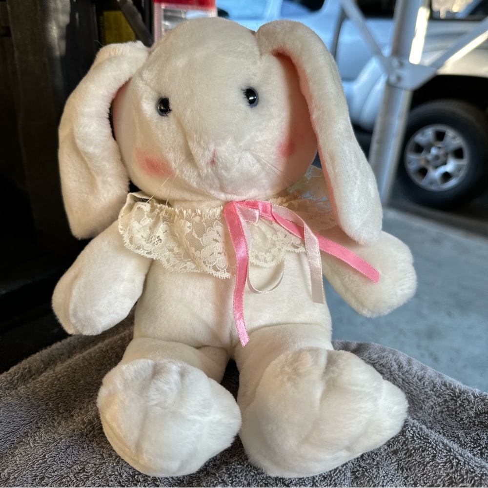 Vintage Dakin 14" Easter White Pink Rabbit Bunny Plush Stuffed Lace Collar 1987